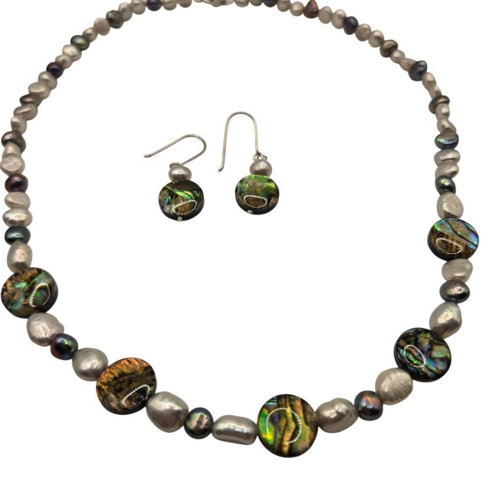 Paua Shell Freshwater Pearl Necklace Dangle Earrings Set Sterling Silver